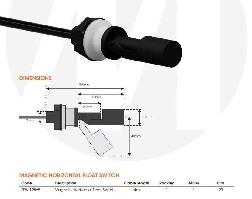 Matelec FSW-12565 Magnetic Horizontal Float Switch for Side-Mount Liquid Level Control
