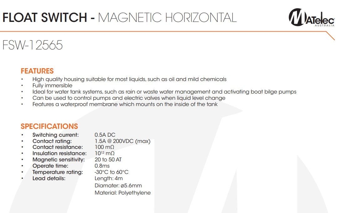 Matelec FSW-12565 Magnetic Horizontal Float Switch for Side-Mount Liquid Level Control