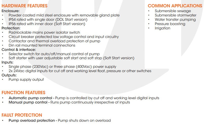 Matelec Standard Soft Start Motor Controller for Single Pump Applications with IP44 Steel Enclosure
