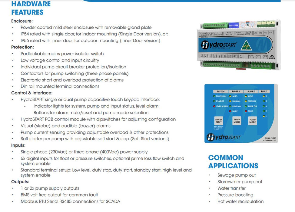 Metelec FPC-82241 240v HydroSTART Dual Pump Controller with BMS & Metal Enclosure (Range 0.1-16 Amp)