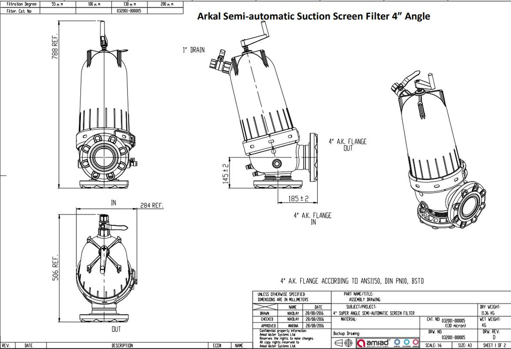 Netafim Arkal 100mm Semi Automatic Angle Check Screen Filters with 1250cm² Filtration Area