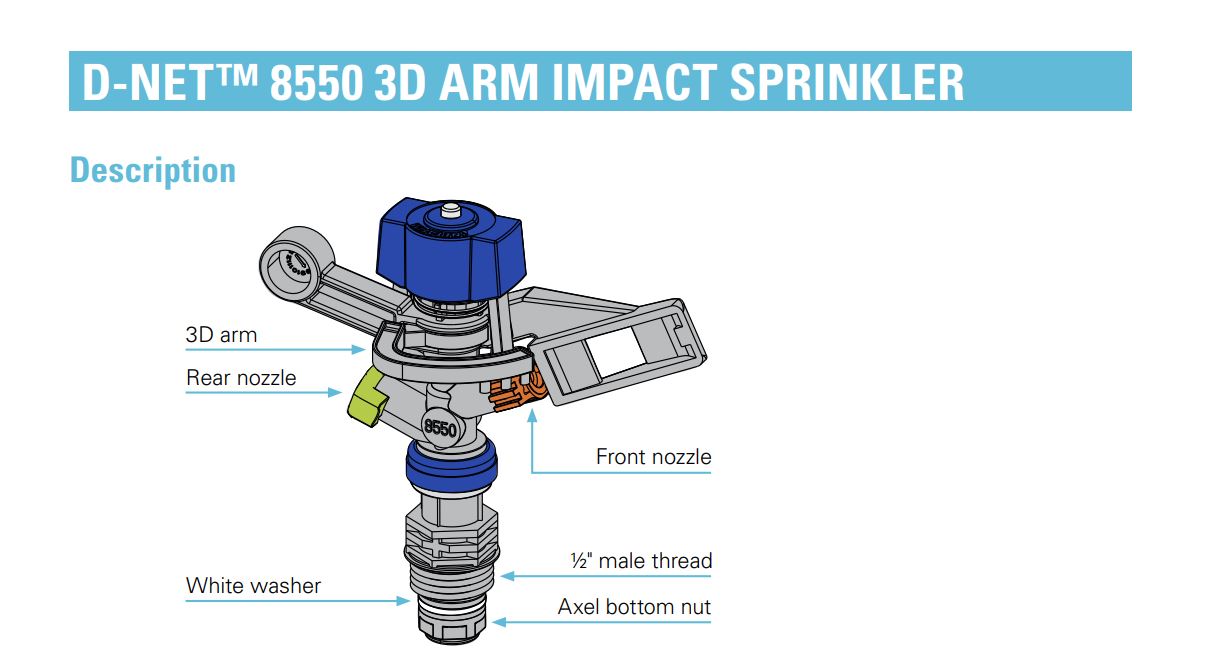 Netafim D-Net 8550 Full Circle 15mm Male Plastic Impact Sprinkler with Double 4.0mm/2.5mm Nozzle Bulk Special Box of 168