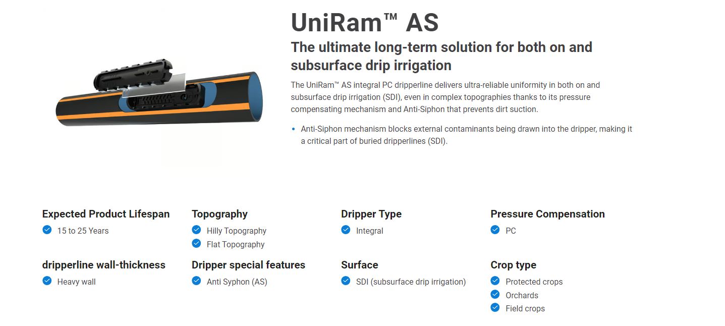 Netafim Uniram 16mm AS16010 Pressure Compensating Agriculture Dripline 400m