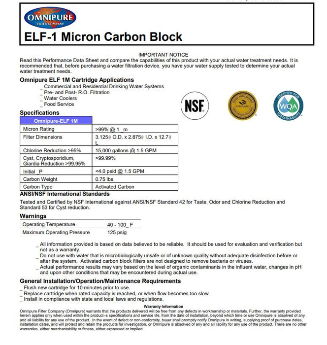 Omnipure ELF-1M 1 Micron Carbon Block Lead Reduction Replacement Filter