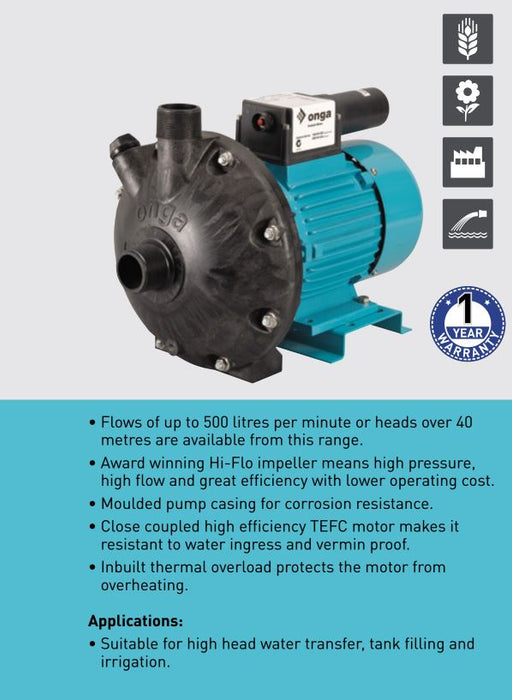 Onga 148 Series 1.80kW 240v Closed Coupled High Flow Centrifugal Pumps (Max 400LPM/350kPa)