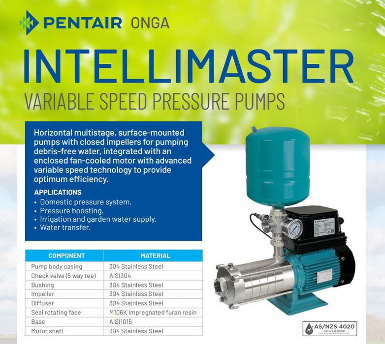 Onga IMH750K Intellimaster 0.75kW Variable Speed Domestic Home Pressure Pump with 8L Pressure Tank (Max 80LPM/600kPa)