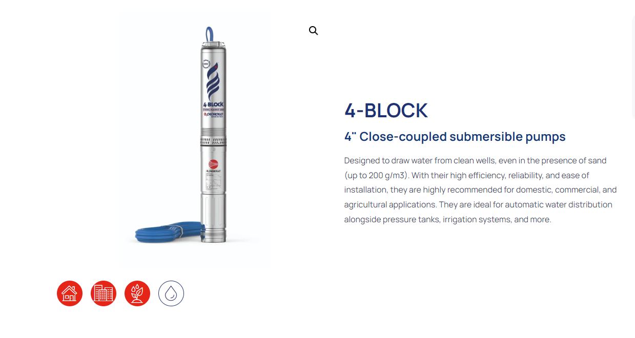 Pedrollo 4-Block M2 Series 60LPM 2-Wire 4" Submersible Bore Pump with Integrated Capacitor, Thermal Protection & 30m Lead