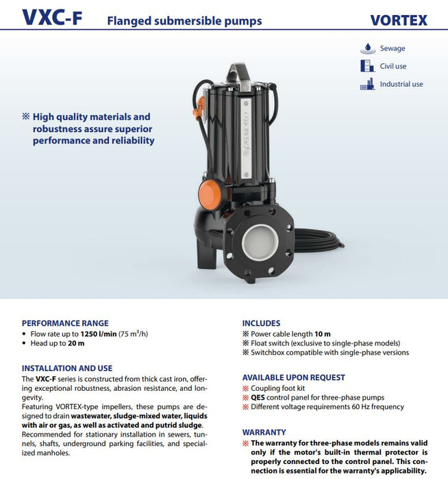 Pedrollo VXC High Flow Submersible Drainage Wastewater Pumps with Vortex Impeller (Max 1200LPM)