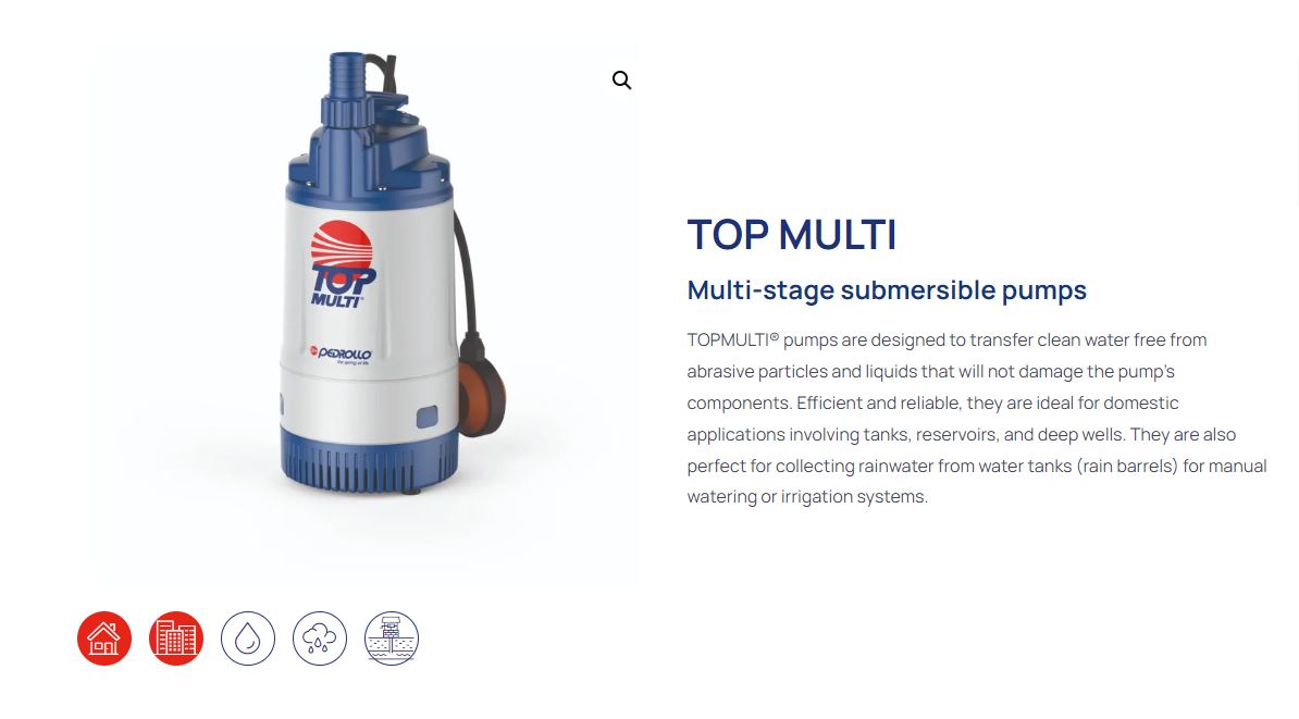 Pedrollo Top Multi 2 0.55kW Submersible Multistage High Head Clean Water Drainage Pump (Max 80LPM/380kPa)