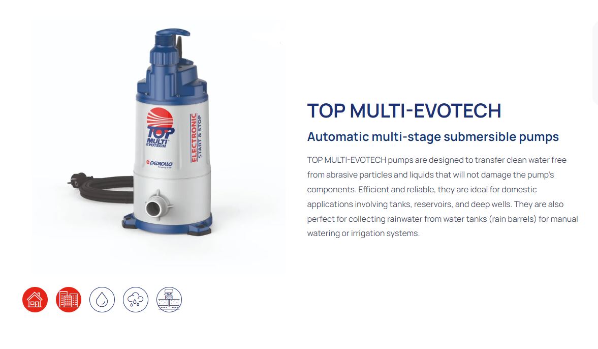 Pedrollo Top Multi-Evotech 2 0.55kW Submersible/Dry Multistage High Head Automatic Pressure Pump with In-Built Pressure Manager (Max 120LPM/330kPA)