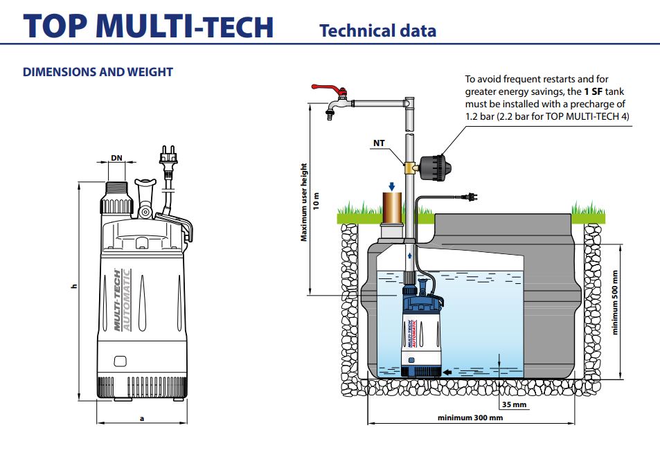 Pedrollo Top Multi-Tech 3 0.55kW Submersible Multistage High Head Pressure Pump with In-Built Pressure Manager (Max 120LPM/330kPa)