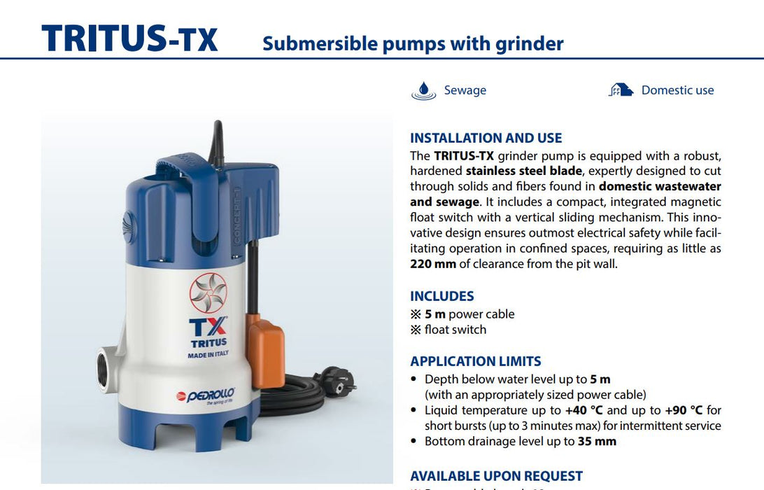 Pedrollo 40L Automatic Wastewater Sewage Packaged Pump Station with Tritus-TX 0.55kW Grinder Pump (Max 90LPM)