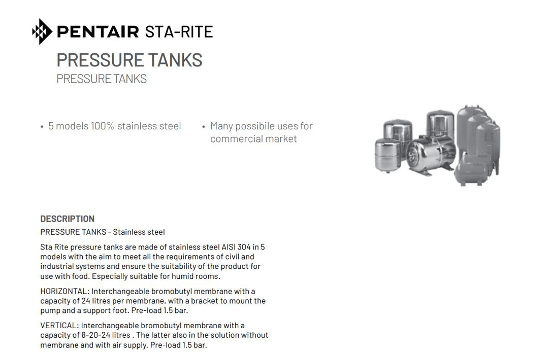 Pentair VES INOX N Series AISI304 Stainless Steel Pressure Tanks (8-20 Litre)