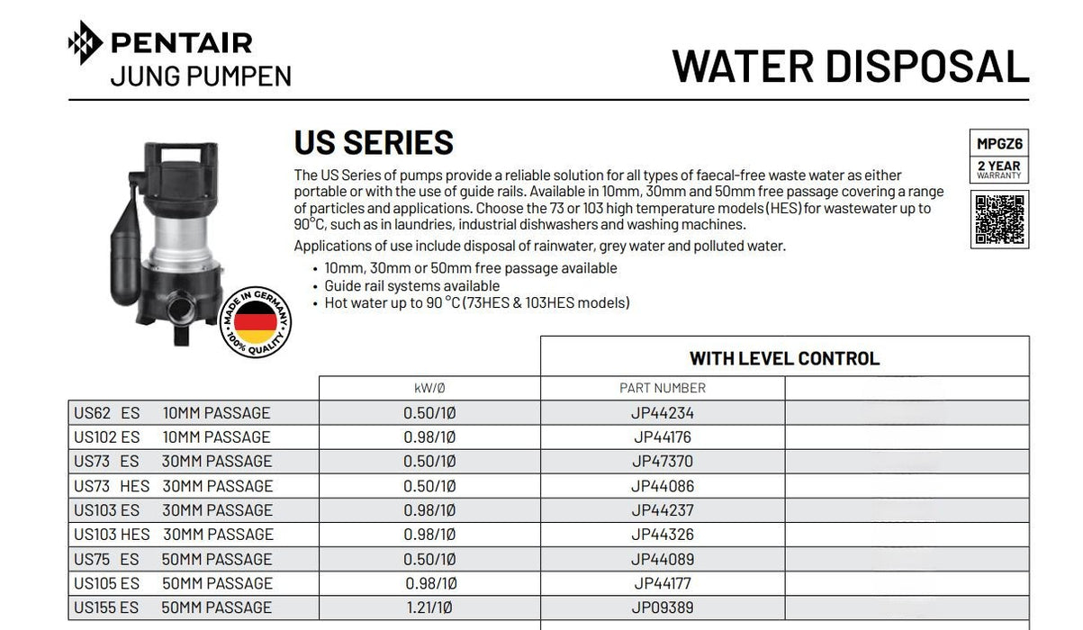 Jung Pumpen US103 HES 0.98kW Submersible High Temperature Dirty Water Pump with 30mm Passage (Max 466LPM/125kPa)