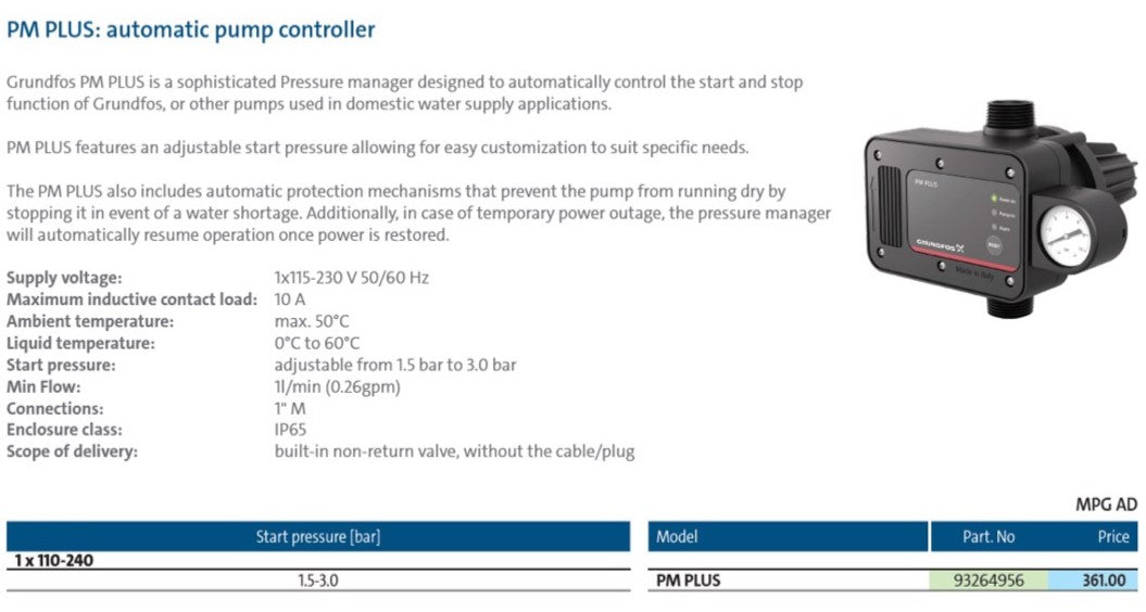 Grundfos PM PLUS Automatic Pressure Controller with Adjustable Start Pressure & Dry-Run Protection (1.5–3.0 Bar)