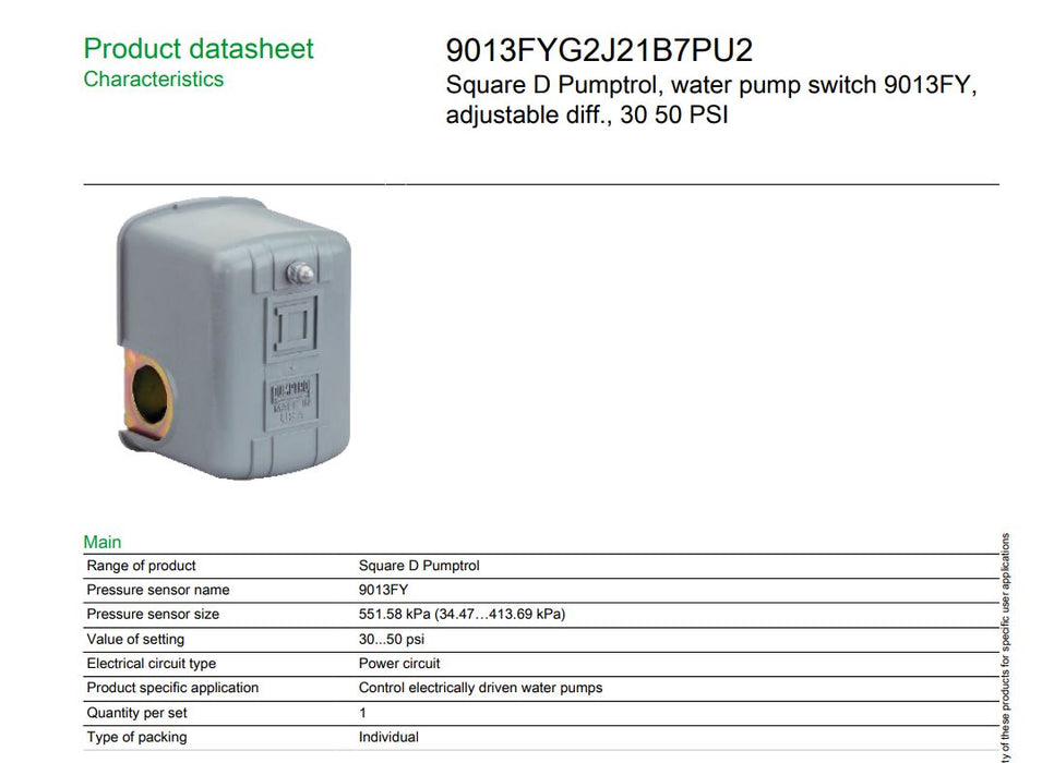 Square D SQD-HPLOP 1/4" High Pressure Loss of Prime Pressure Switch with Low Pressure Cut-Out Lever (25-80 psi)