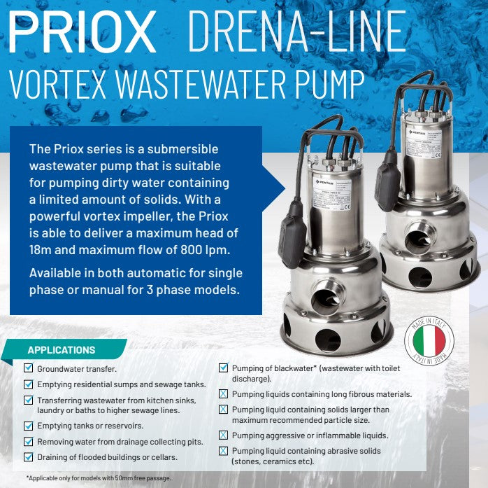 Jung Pumpen PRIOX 420/11 0.90kW Waste Water Pump with Level Control & Fitted Vortex Impeller (Max 400LPM/101kPa)