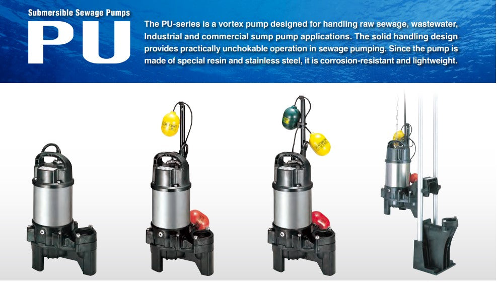 Tsurumi PU Manual Series Submersible Wastewater Pump with Vortex Impeller - Three Phase
