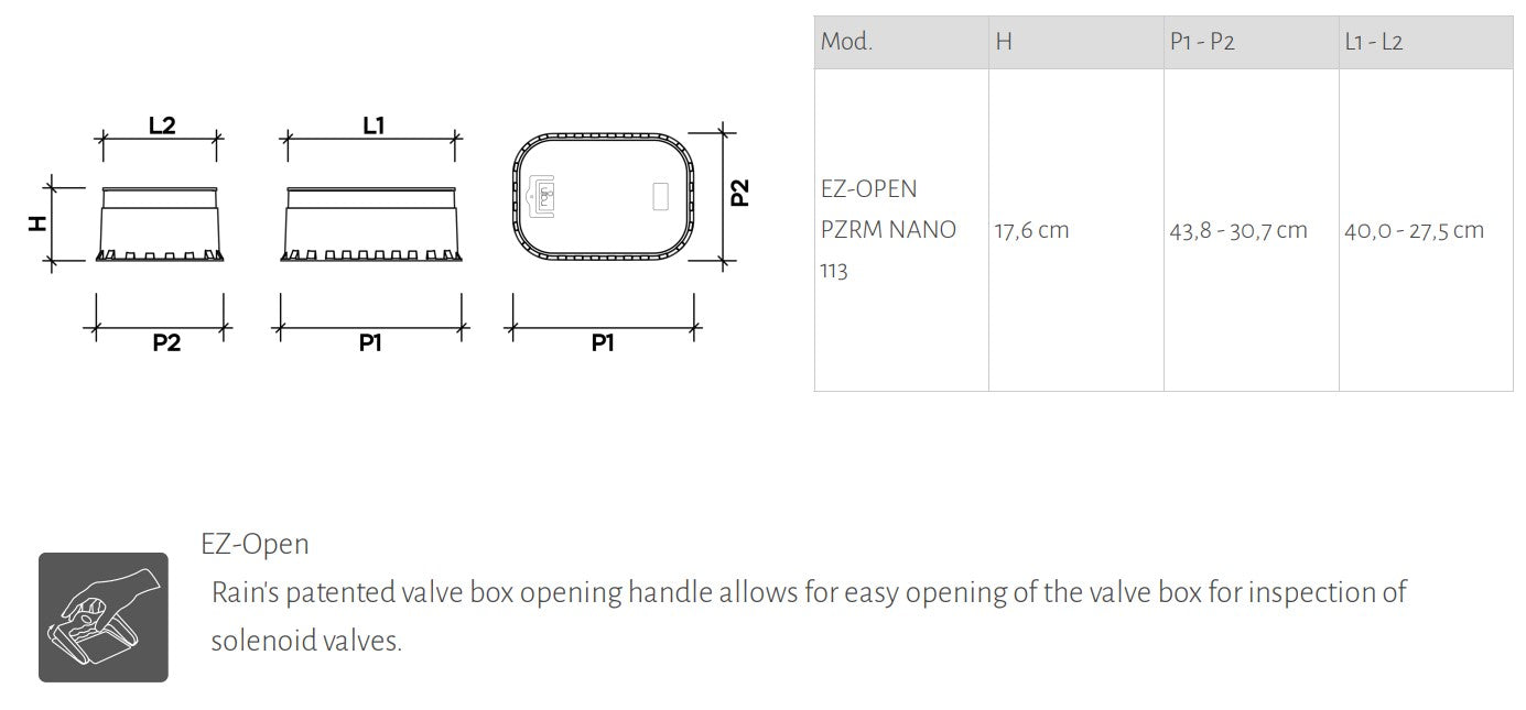Rain PZRM NANO 113 12" EzOpen Medium Rectangular Valve Box with Lifting Handle (305mm Wide x 440mm Long x 180mm Deep)