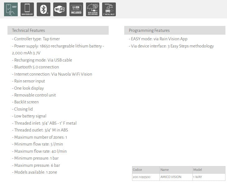 Rain Amico Vision 1 Smart Rechargeable Battery Tap Timer with Bluetooth & Optional WIFI Connectivity