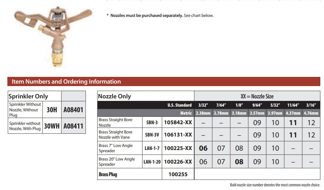 Rain Bird 30H Full Circle 20mm Male Brass Impact Sprinkler Body Only (Box of 30)