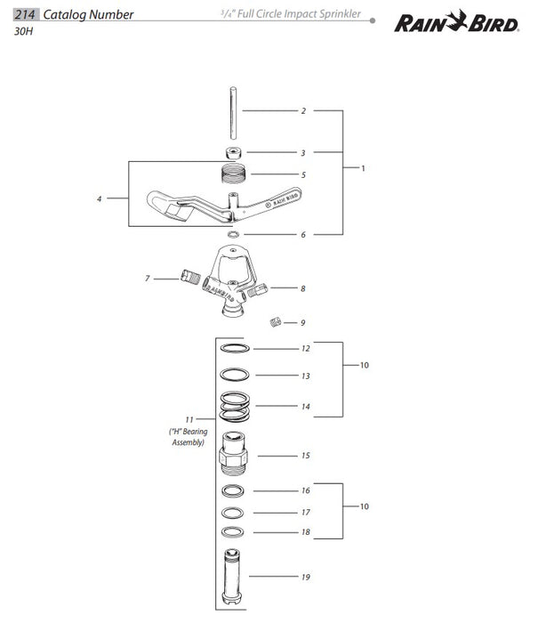 Rain Bird 30H Full Circle 20mm Male Brass Impact Sprinkler Body Only (Box of 30)
