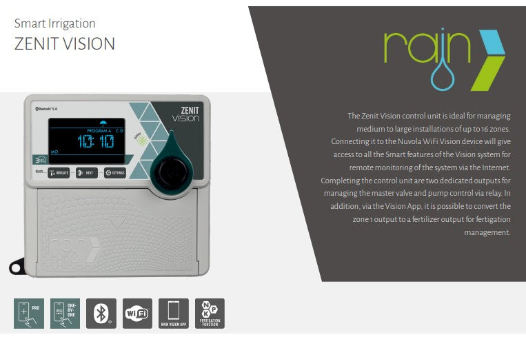 Rain Zenit Vision Smart Irrigation Controller with Fertigation Functionality, Bluetooth & Optional WIFI Connectivity