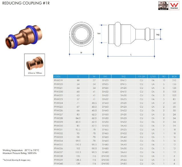 Metpress WaterMarked Series Copper Straight Reducing Couplings Box of 10