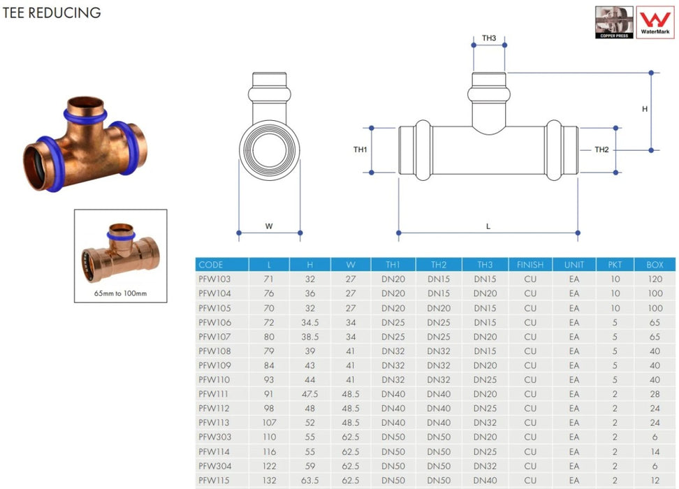Metpress WaterMarked Series Copper Reducing Tees Box of 10