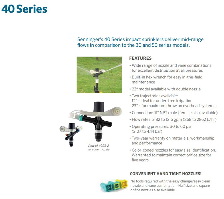 Senninger 40 Series Full Circle 20mm Male Plastic Impact Sprinklers with Double Nozzle and Enhanced Throw
