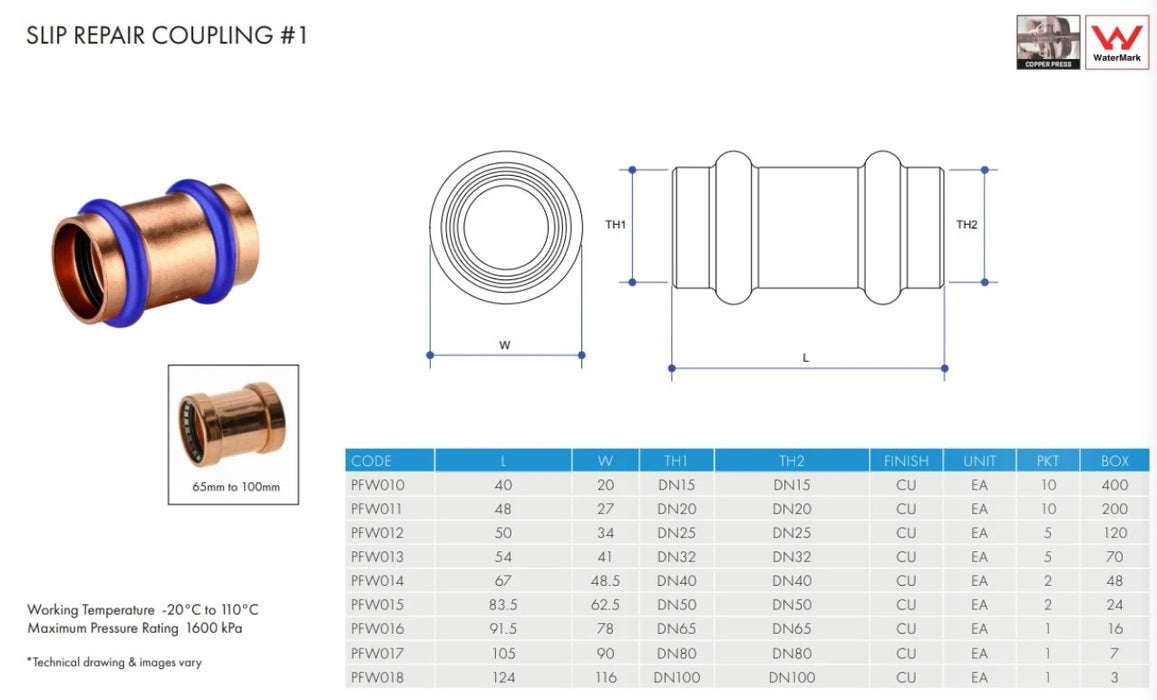 Metpress WaterMarked Series Copper Slip Repair Couplings Box of 10