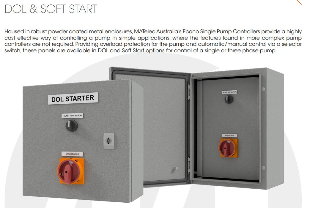 Matelec Standard Soft Start Motor Controller for Single Pump Applications with IP44 Steel Enclosure