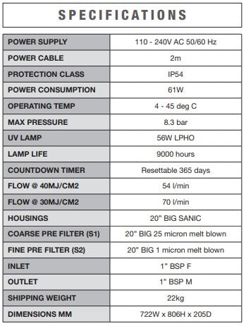 Atlas Filtri Big F Pro 256 20" x 4.5" SANIC Dual Stage UV Rainwater Filtration System with 56W Lamp (70LPM)