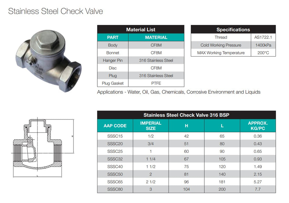 316ss Stainless Steel Swing Check Valve (15mm-80mm) - BSP Threaded