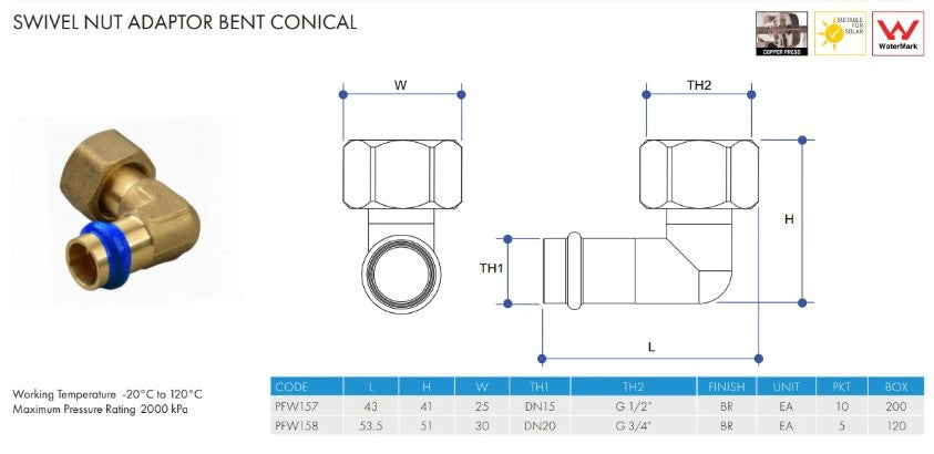 Metpress WaterMarked Series Brass Swivel Nut Elbow Adaptor Box of 10