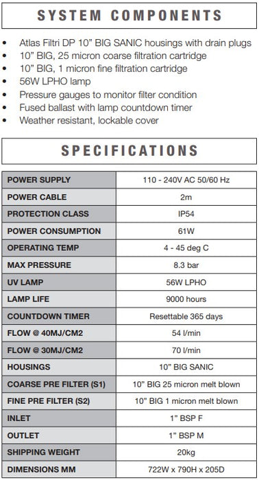 Atlas Filtri Big F Pro 156 10" x 4.5" SANIC Dual Stage UV Rainwater Filtration System with 56W Lamp (54LPM)