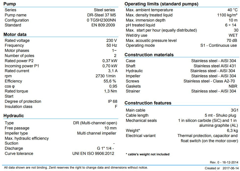 Zenit DR Steel 37 240v Compact Stainless Steel Drainage Pumps with Float Switch (Max 150LPM/140kPa)