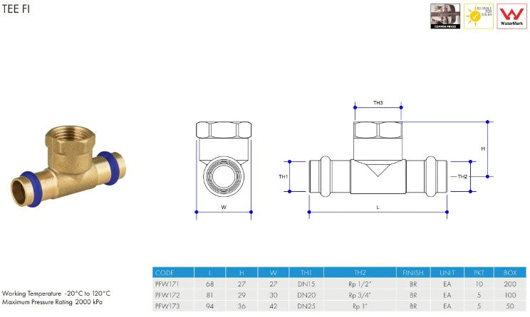 Metpress WaterMarked Series Brass Female Tees Box of 10