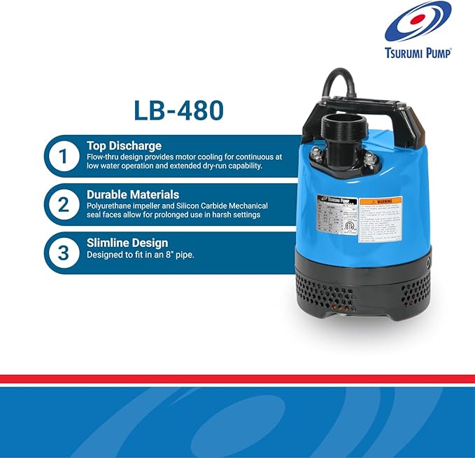 Tsurumi LB-480 0.48kW Portable Slimline Submersible Drainage Pump with Semi-Vortex Impeller (Max 230LPM/110kPa)