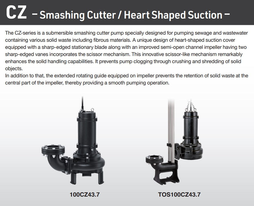 Tsurumi CZ Series Submersible Smashing Cutter Pump with Semi-Open Channel Impeller- Three Phase