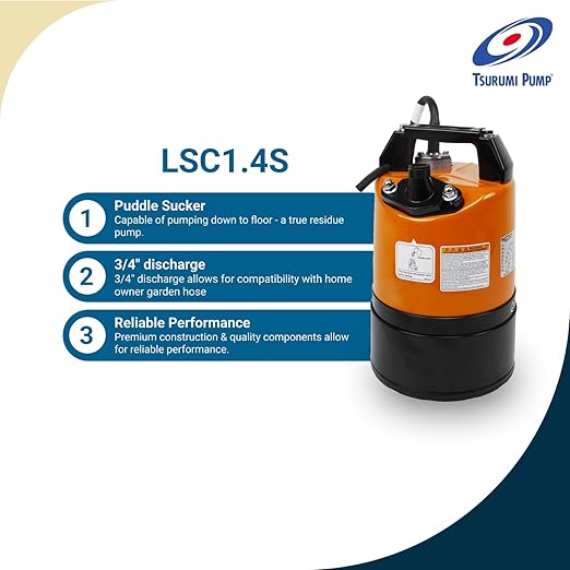 Tsurumi LSC1.4S 0.48kW Portable Submersible Drainage Pump with Swing Check Valve (Max 168LPM/110kPa)