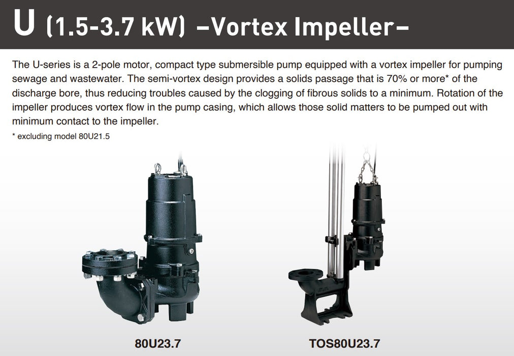 Tsurumi U Series Compact Submersible Wastewater Pump with Vortex Impeller - Three Phase