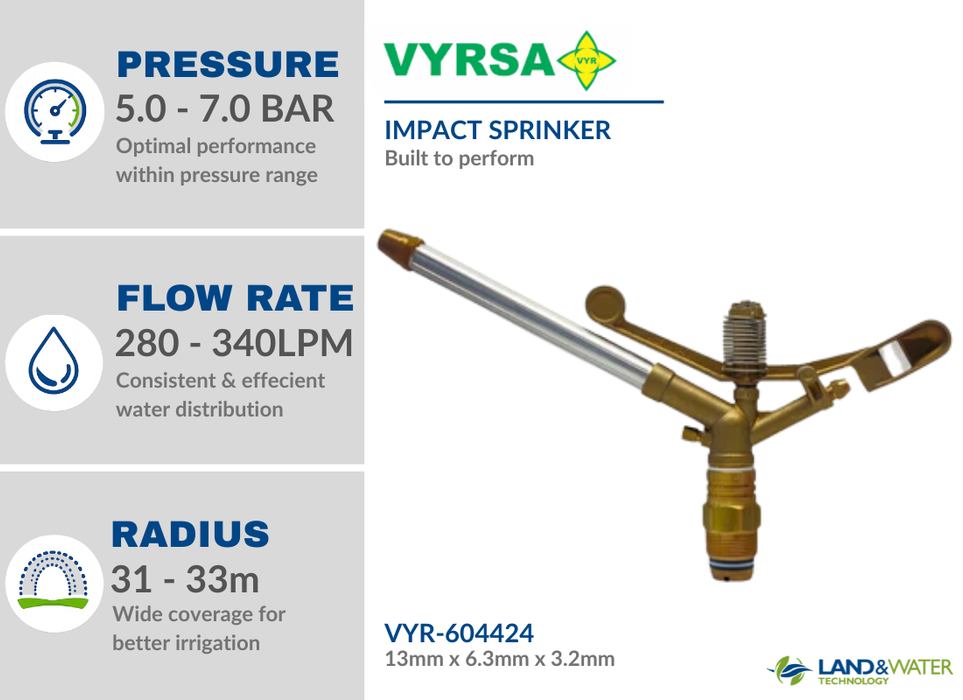 VYRSA 155 Full Circle 32mm Male Brass Impact Sprinkler with 13mm/6.3mm/3.2mm Triple Nozzle