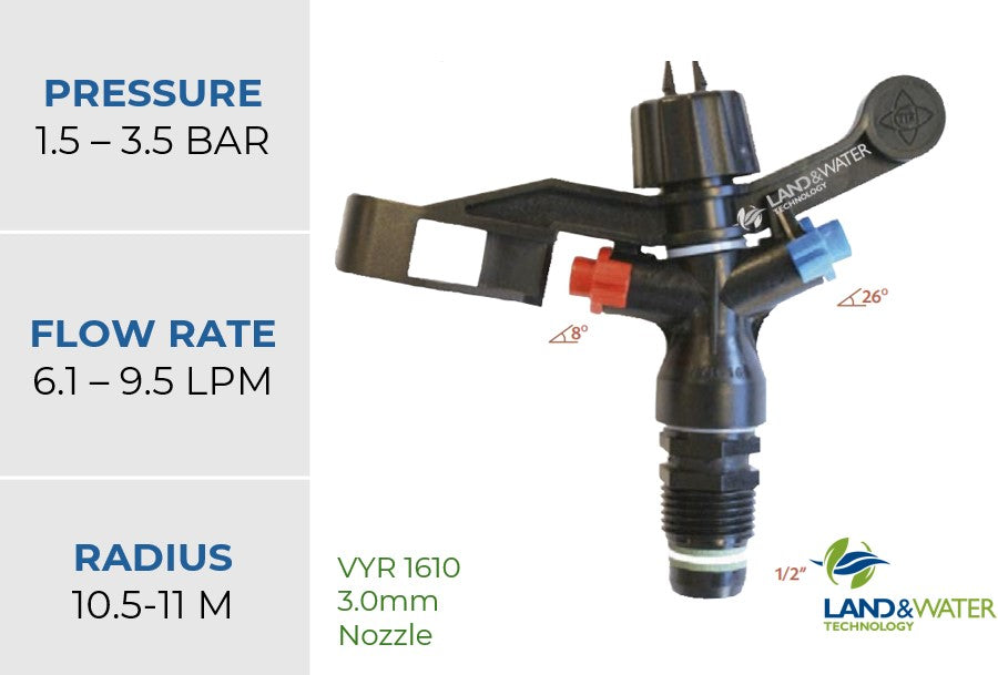 Vyrsa 1610 Full Circle 15mm Male Plastic Impact Sprinkler with Single 3.0mm Nozzle