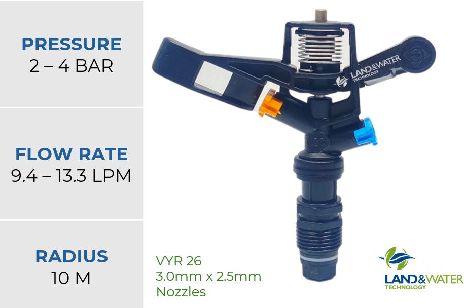 Vyrsa 26 Full Circle 15mm Male Plastic Impact Sprinkler with Double 3.0mm/2.5mm Nozzle