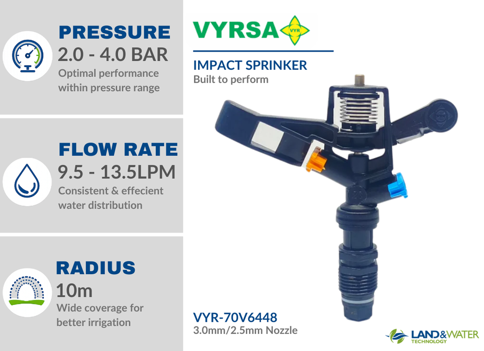 VYRSA 26 Full Circle 15mm Male Plastic Impact Sprinkler with Double 3.0mm/2.5mm Nozzle