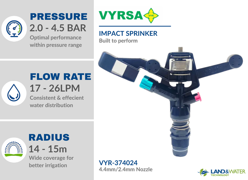 VYRSA 37 Full Circle 20mm Male Plastic Impact Sprinkler with Double 4.0mm/2.4mm Nozzle