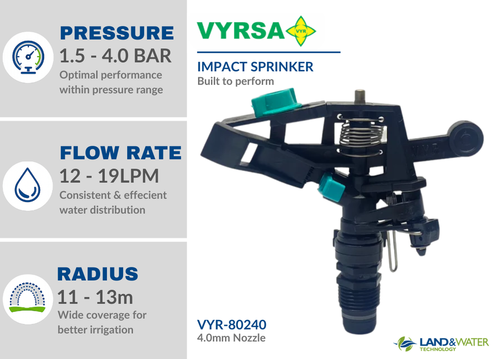 VYRSA 802 Adjustable Full/Part Circle 15mm Male Plastic Impact Sprinkler with Single 4.0mm Nozzle