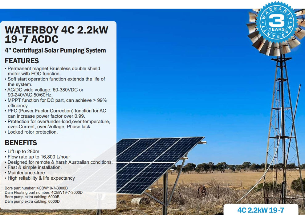 Waterboy 4CBW19-7 2.20kW AC/DC Submersible Centrifugal Solar Bore Pump Kit with x8 370W Solar Panels & 40m Cable (Max 280LPM/300kPa)