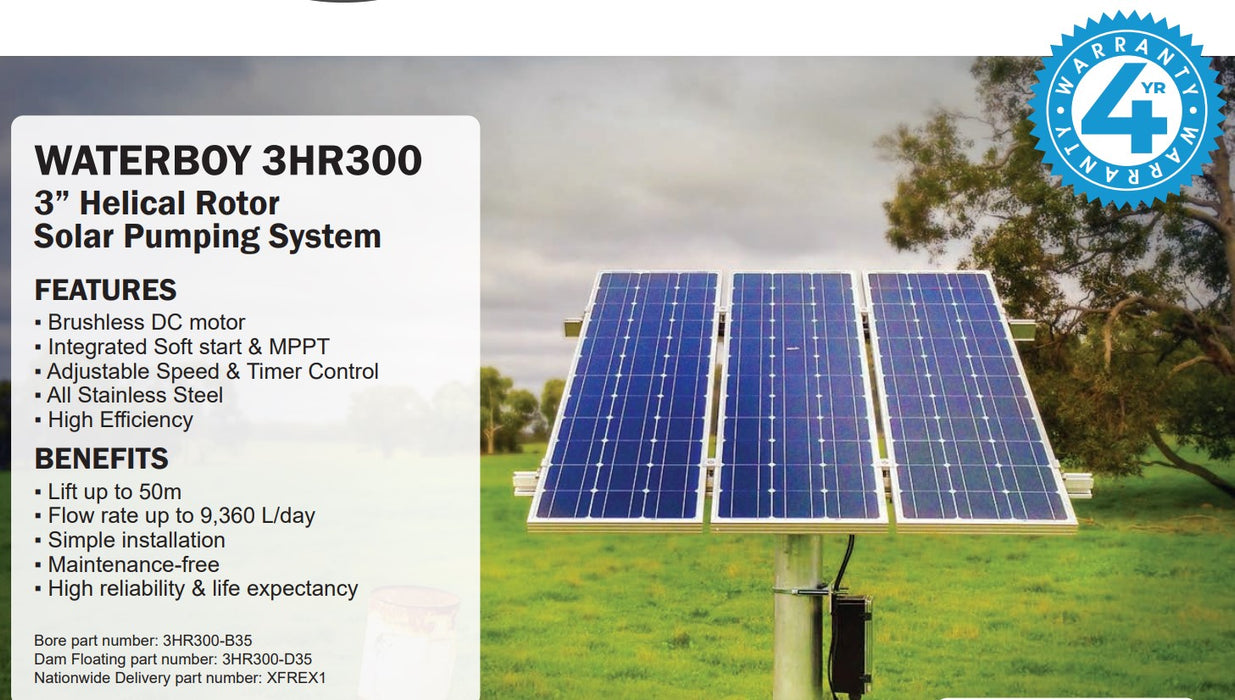 Waterboy 3HR300 0.50kW Submersible Helical Rotor Solar Bore Pump Complete Kit with x3 140W Solar Panels & 35m Cable (Max 26LPM/500kPa)